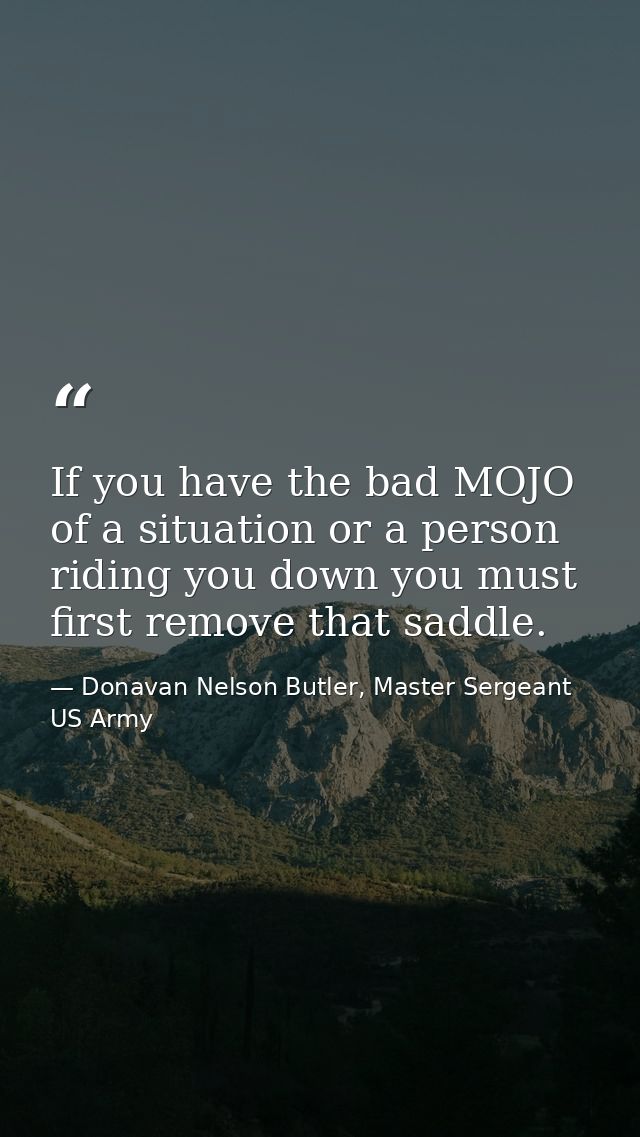 If you have the bad MOJO of a situation or a person riding you down you must first remove that saddle. — Donavan Nelson Butler, Master Sergeant US Army