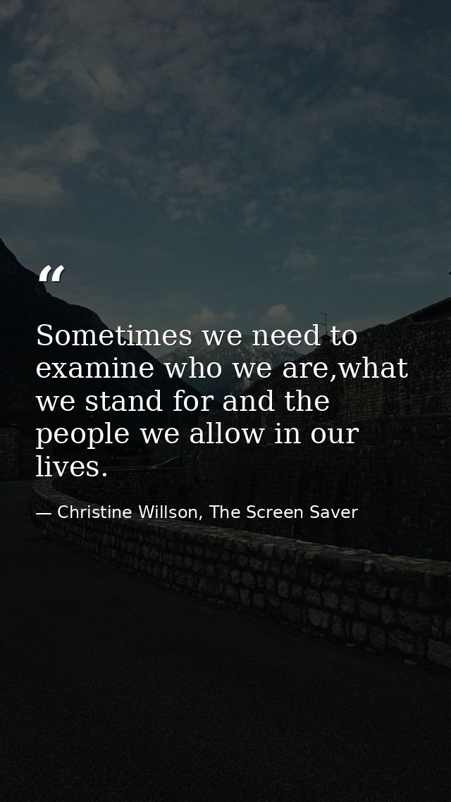 Sometimes we need to examine who we are,what we stand for and the people we allow in our lives. — Christine Willson, The Screen Saver