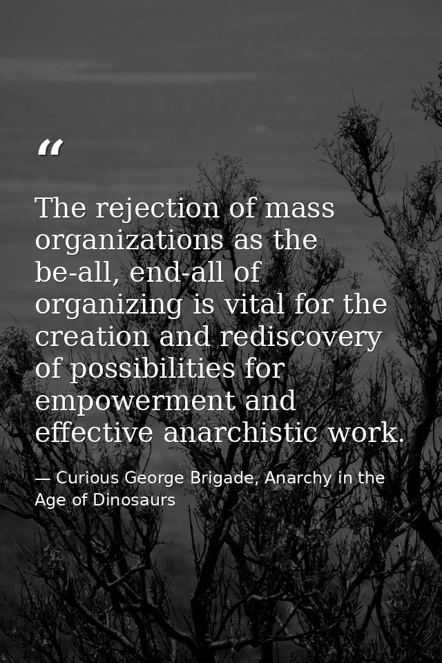 The rejection of mass organizations as the be-all, end-all of organizing is vital for the creation and rediscovery of po — Curious George Brigade, Anarchy in the Age of Dinosaurs