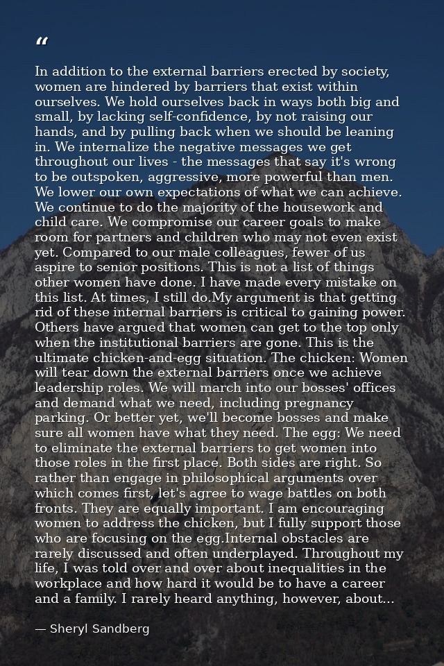 In addition to the external barriers erected by society, women are hindered by barriers that exist within ourselves. We  — Sheryl Sandberg