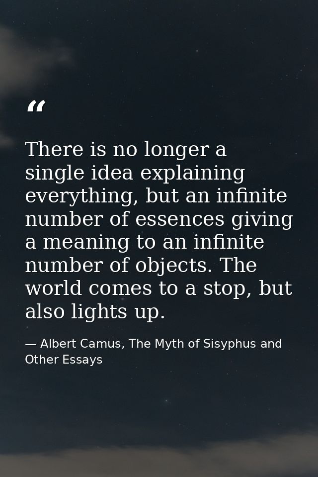 There is no longer a single idea explaining everything, but an infinite number of essences giving a meaning to an infini — Albert Camus, The Myth of Sisyphus and Other Essays