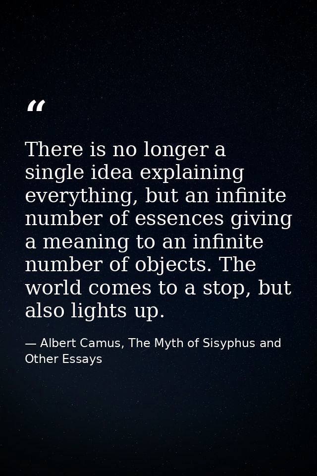 There is no longer a single idea explaining everything, but an infinite number of essences giving a meaning to an infini — Albert Camus, The Myth of Sisyphus and Other Essays