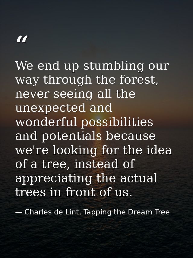 We end up stumbling our way through the forest, never seeing all the unexpected and wonderful possibilities and potentia — Charles de Lint, Tapping the Dream Tree