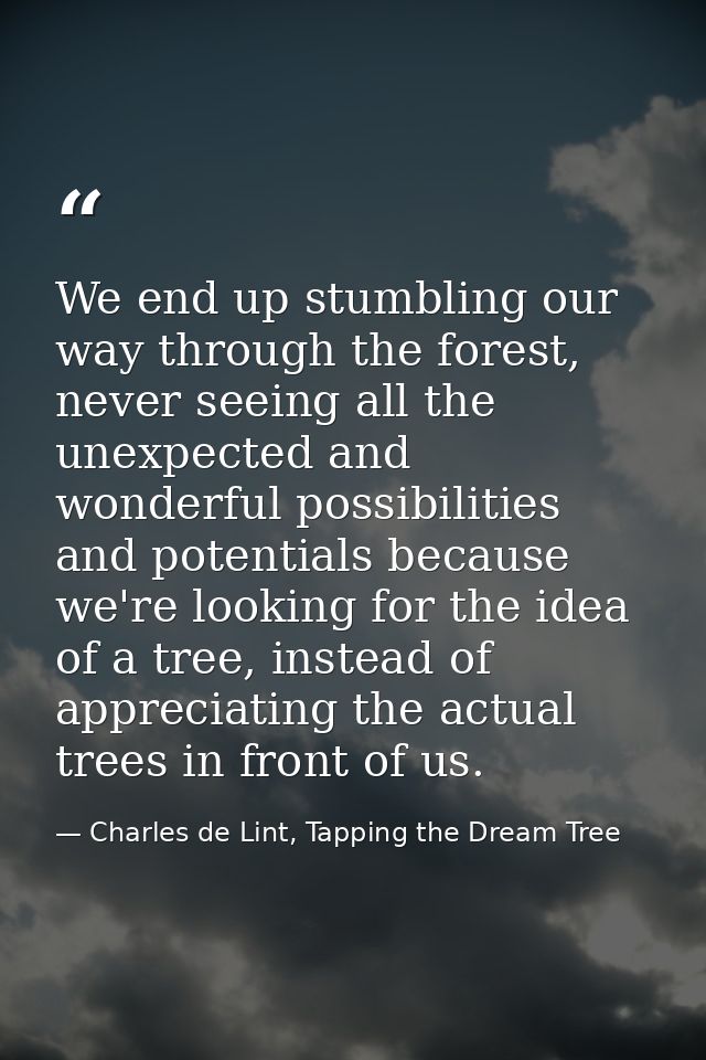 We end up stumbling our way through the forest, never seeing all the unexpected and wonderful possibilities and potentia — Charles de Lint, Tapping the Dream Tree
