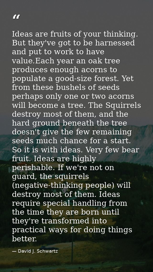 Ideas are fruits of your thinking. But they've got to be harnessed and put to work to have value.Each year an oak tree p — David J. Schwartz