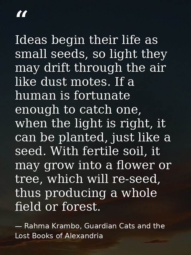 Ideas begin their life as small seeds, so light they may drift through the air like dust motes. If a human is fortunate  — Rahma Krambo, Guardian Cats and the Lost Books of Alexandria