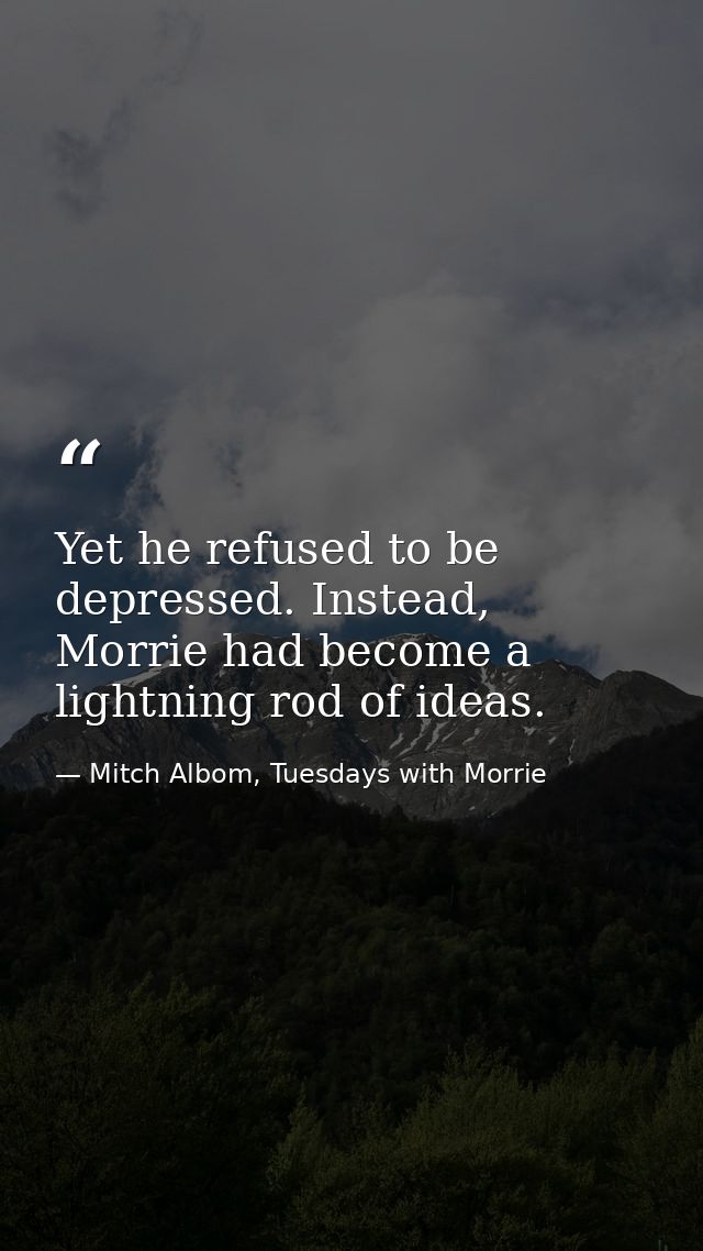 Yet he refused to be depressed. Instead, Morrie had become a lightning rod of ideas. — Mitch Albom, Tuesdays with Morrie