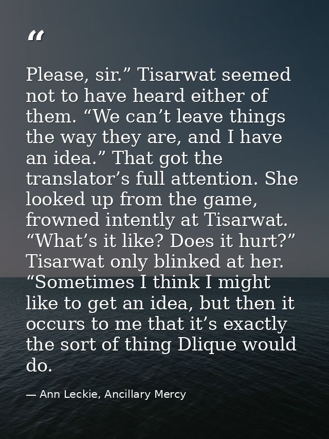 Please, sir.” Tisarwat seemed not to have heard either of them. “We can’t leave things the way they are, and I have an i — Ann Leckie, Ancillary Mercy