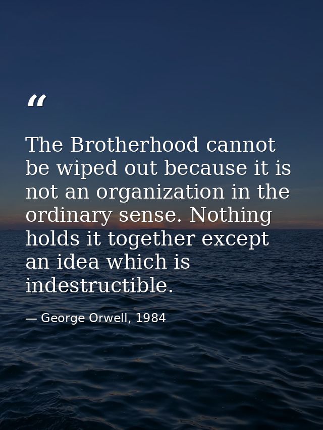 The Brotherhood cannot be wiped out because it is not an organization in the ordinary sense. Nothing holds it together e — George Orwell, 1984