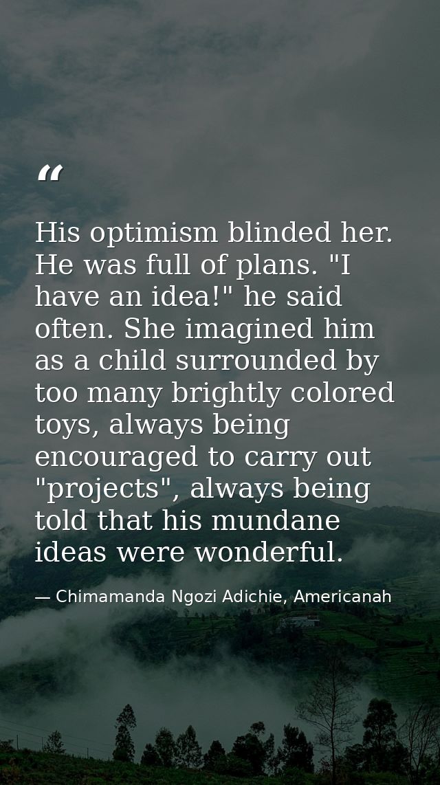 His optimism blinded her. He was full of plans. "I have an idea!" he said often. She imagined him as a child surrounded  — Chimamanda Ngozi Adichie, Americanah