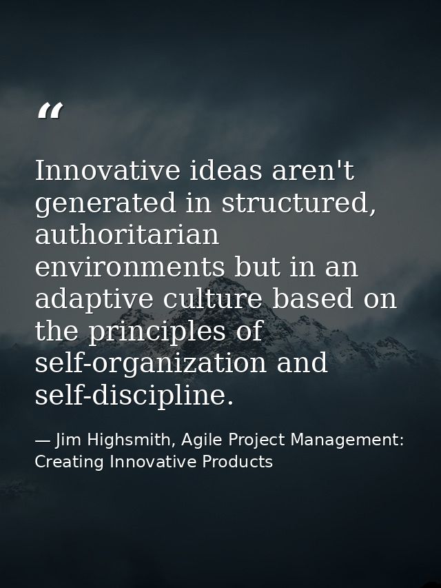 Innovative ideas aren't generated in structured, authoritarian environments but in an adaptive culture based on the prin — Jim Highsmith, Agile Project Management: Creating Innovative Products