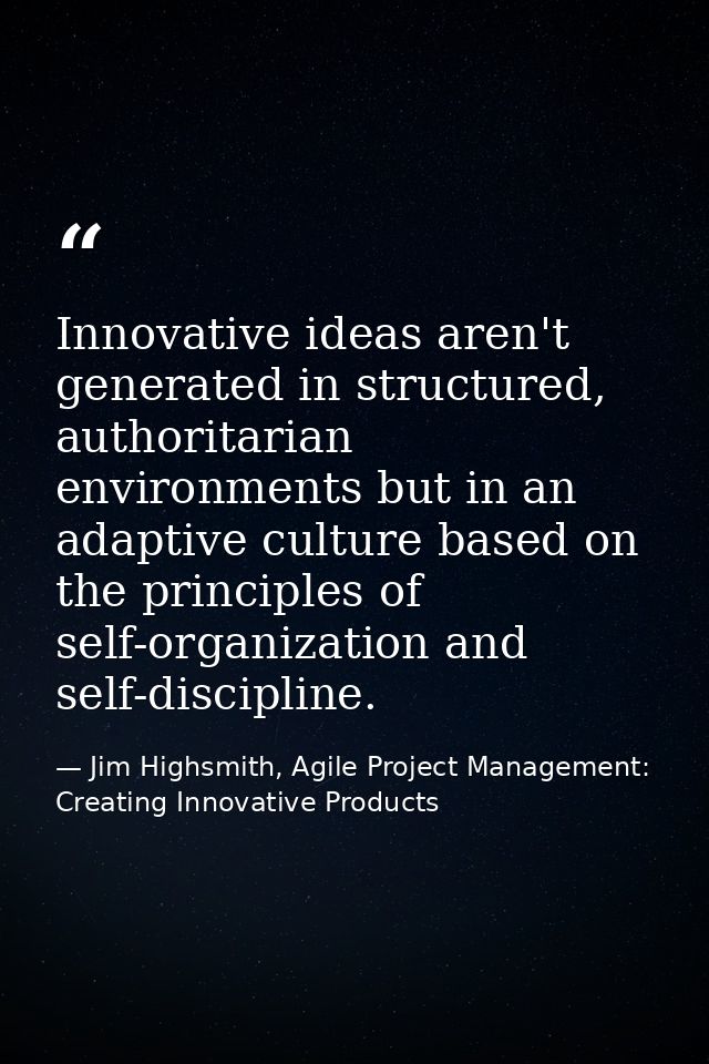 Innovative ideas aren't generated in structured, authoritarian environments but in an adaptive culture based on the prin — Jim Highsmith, Agile Project Management: Creating Innovative Products