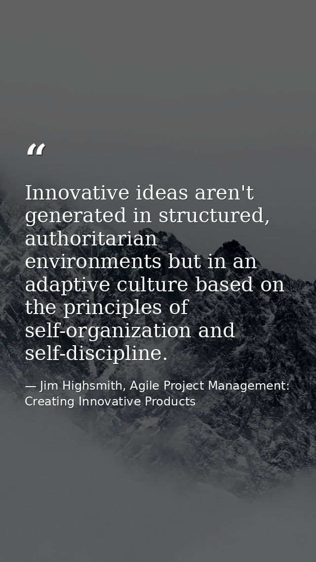 Innovative ideas aren't generated in structured, authoritarian environments but in an adaptive culture based on the prin — Jim Highsmith, Agile Project Management: Creating Innovative Products