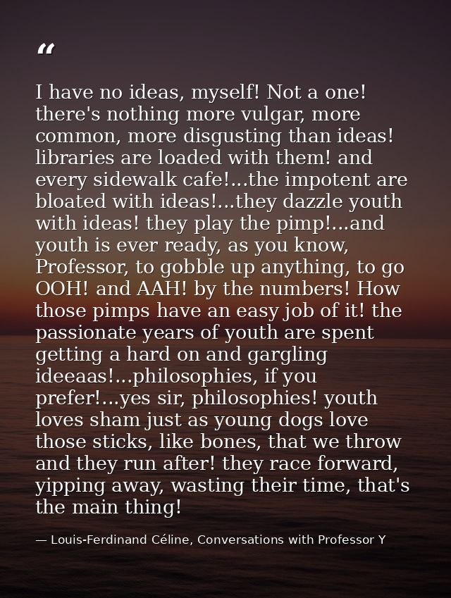 I have no ideas, myself! Not a one! there's nothing more vulgar, more common, more disgusting than ideas! libraries are  — Louis-Ferdinand Céline, Conversations with Professor Y