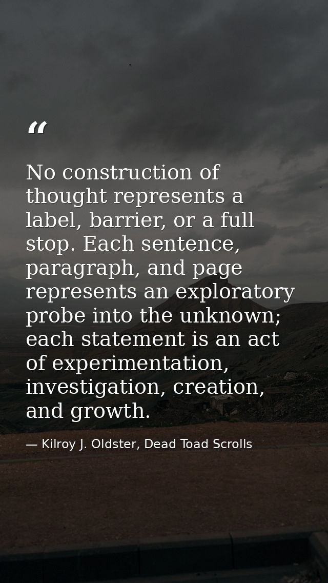 No construction of thought represents a label, barrier, or a full stop. Each sentence, paragraph, and page represents an — Kilroy J. Oldster, Dead Toad Scrolls