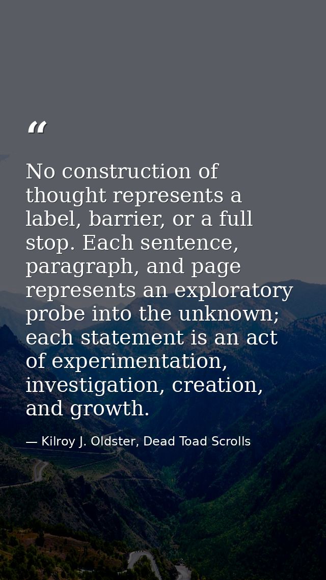 No construction of thought represents a label, barrier, or a full stop. Each sentence, paragraph, and page represents an — Kilroy J. Oldster, Dead Toad Scrolls