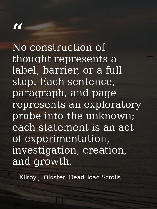 No construction of thought represents a label, barrier, or a full stop. Each sentence, paragraph, and page represents an — Kilroy J. Oldster, Dead Toad Scrolls