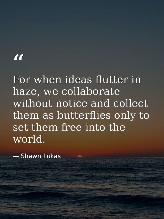For when ideas flutter in haze, we collaborate without notice and collect them as butterflies only to set them free into — Shawn Lukas