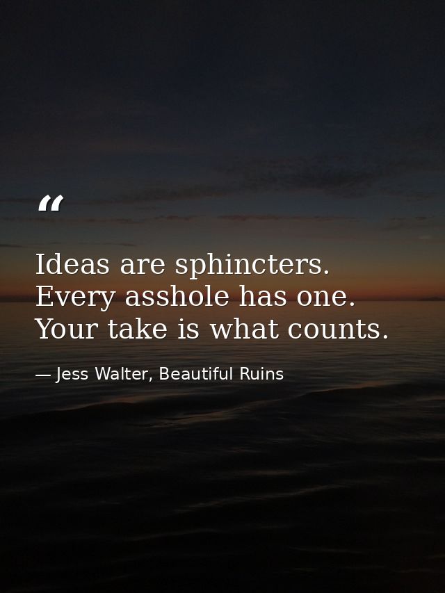 Ideas are sphincters. Every asshole has one. Your take is what counts. — Jess Walter, Beautiful Ruins