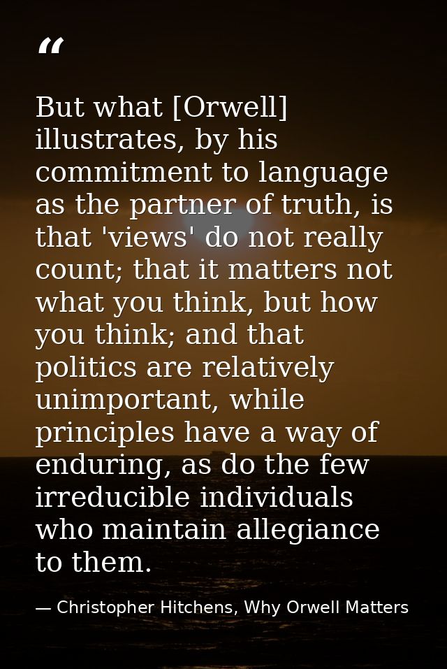 But what [Orwell] illustrates, by his commitment to language as the partner of truth, is that 'views' do not really coun — Christopher Hitchens, Why Orwell Matters