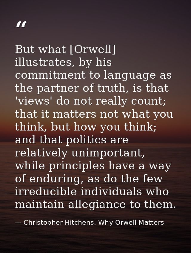 But what [Orwell] illustrates, by his commitment to language as the partner of truth, is that 'views' do not really coun — Christopher Hitchens, Why Orwell Matters