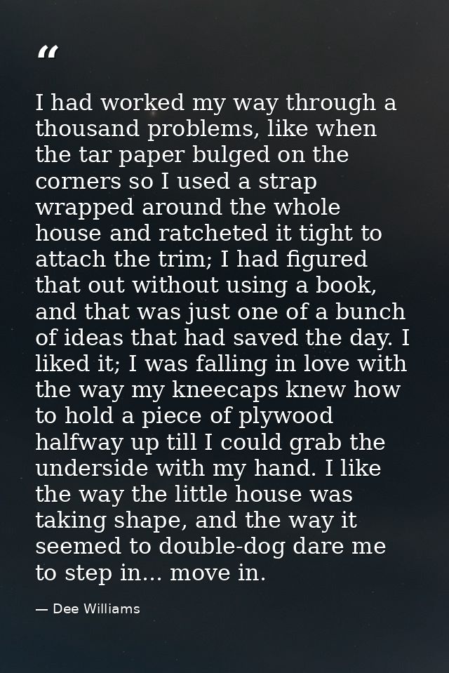 I had worked my way through a thousand problems, like when the tar paper bulged on the corners so I used a strap wrapped — Dee Williams