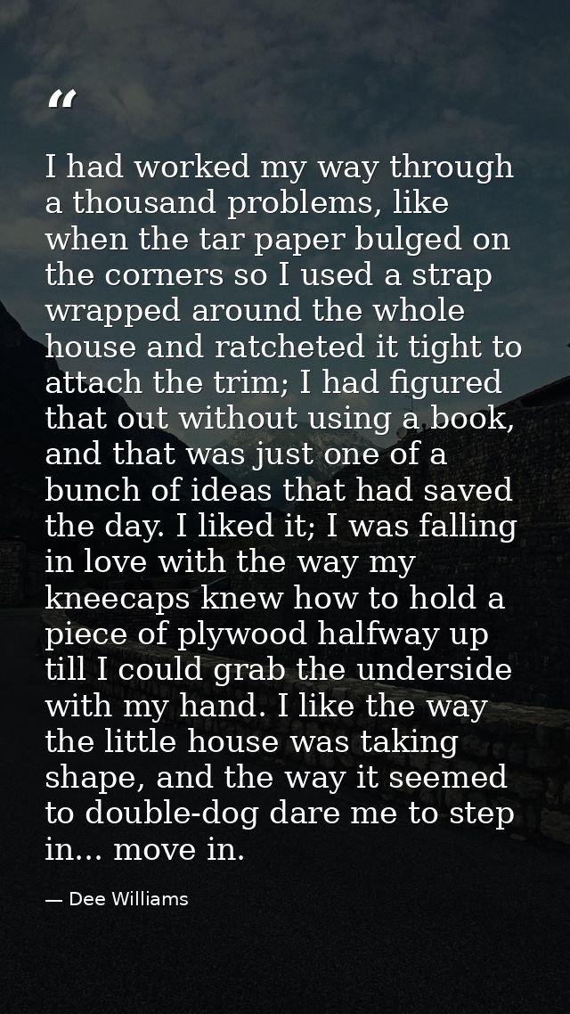 I had worked my way through a thousand problems, like when the tar paper bulged on the corners so I used a strap wrapped — Dee Williams
