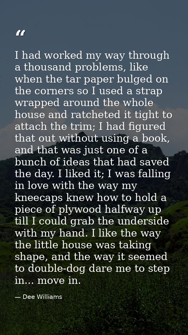 I had worked my way through a thousand problems, like when the tar paper bulged on the corners so I used a strap wrapped — Dee Williams