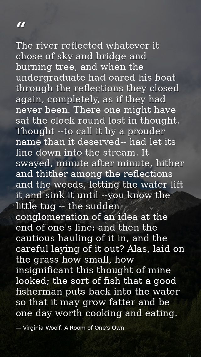 The river reflected whatever it chose of sky and bridge and burning tree, and when the undergraduate had oared his boat  — Virginia Woolf, A Room of One's Own