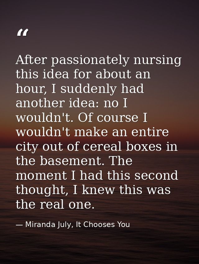 After passionately nursing this idea for about an hour, I suddenly had another idea: no I wouldn't. Of course I wouldn't — Miranda July, It Chooses You