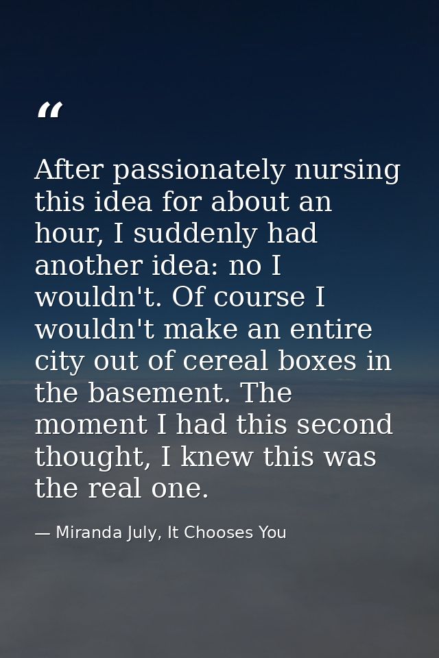 After passionately nursing this idea for about an hour, I suddenly had another idea: no I wouldn't. Of course I wouldn't — Miranda July, It Chooses You