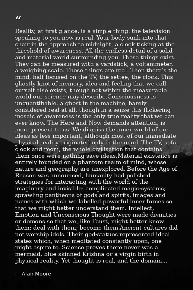 Reality, at first glance, is a simple thing: the television speaking to you now is real. Your body sunk into that chair  — Alan Moore