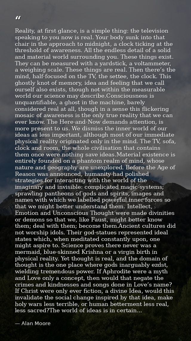 Reality, at first glance, is a simple thing: the television speaking to you now is real. Your body sunk into that chair  — Alan Moore
