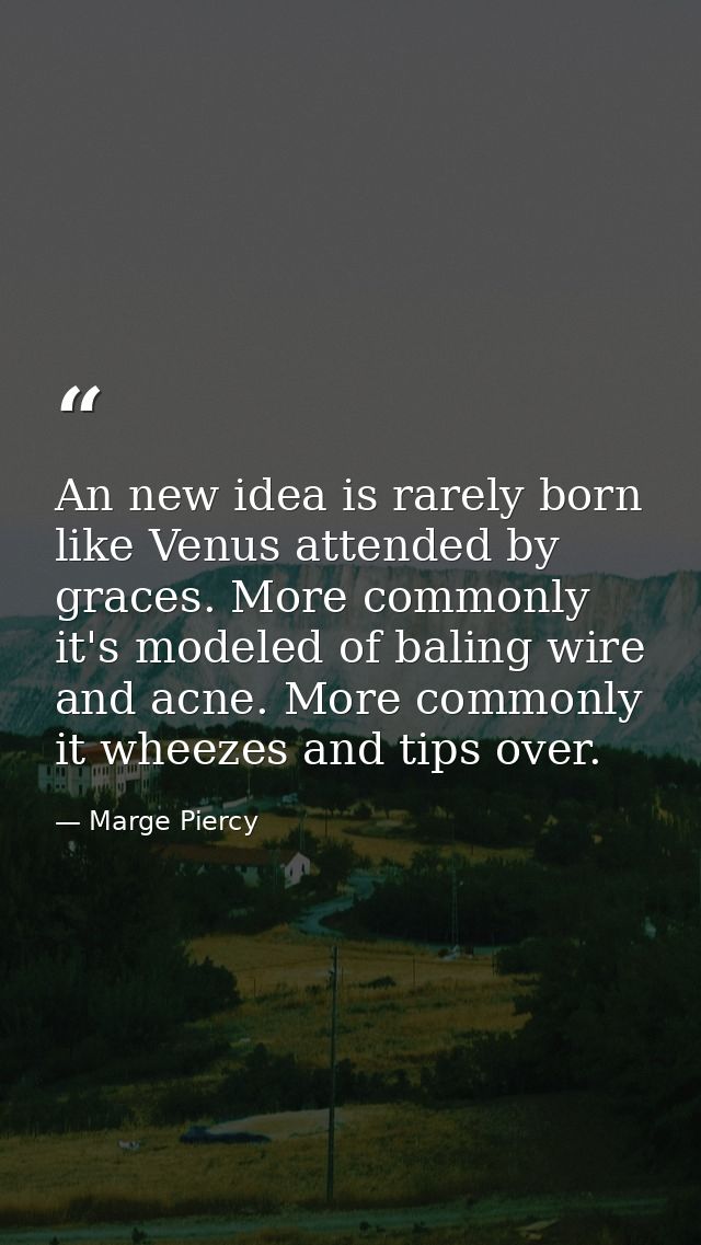 An new idea is rarely born like Venus attended by graces. More commonly it's modeled of baling wire and acne. More commo — Marge Piercy