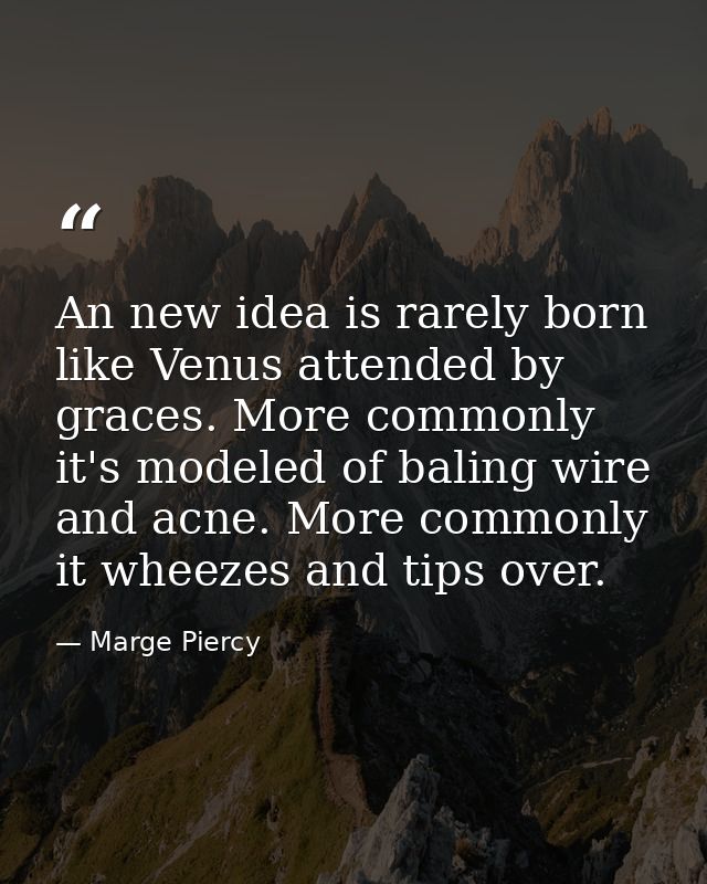 An new idea is rarely born like Venus attended by graces. More commonly it's modeled of baling wire and acne. More commo — Marge Piercy
