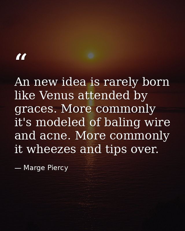 An new idea is rarely born like Venus attended by graces. More commonly it's modeled of baling wire and acne. More commo — Marge Piercy