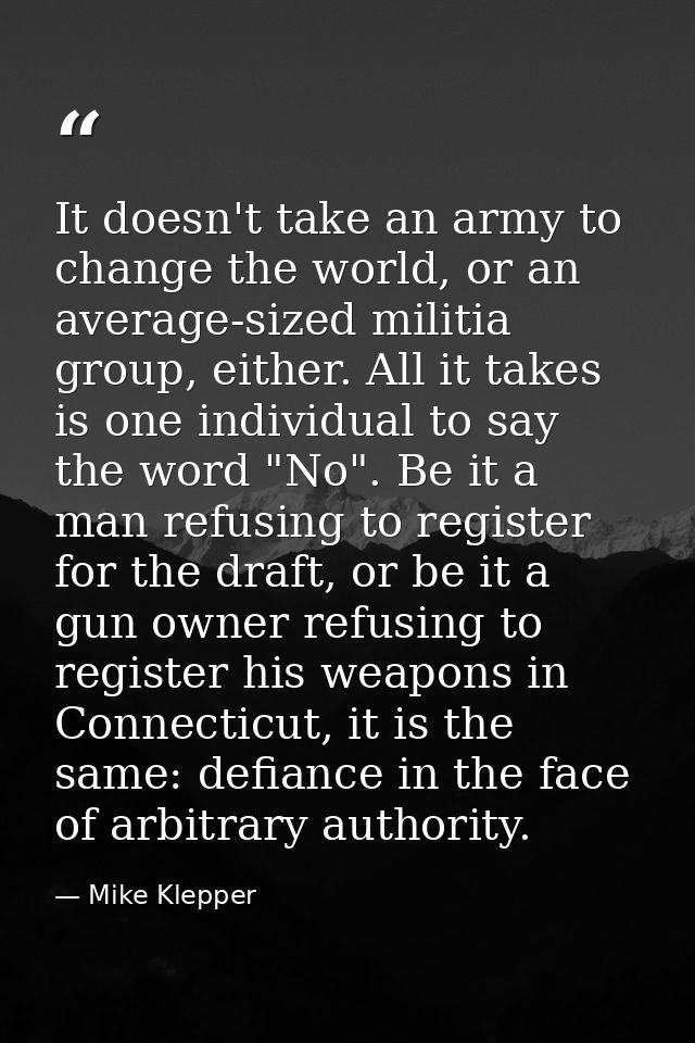 It doesn't take an army to change the world, or an average-sized militia group, either. All it takes is one individual t — Mike Klepper