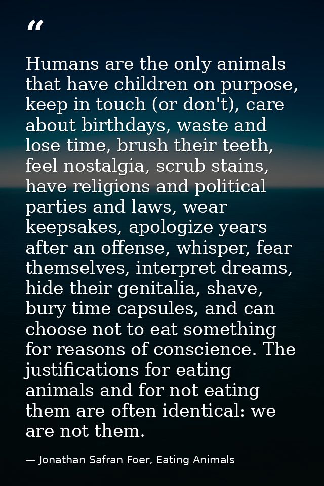 Humans are the only animals that have children on purpose, keep in touch (or don't), care about birthdays, waste and los — Jonathan Safran Foer, Eating Animals