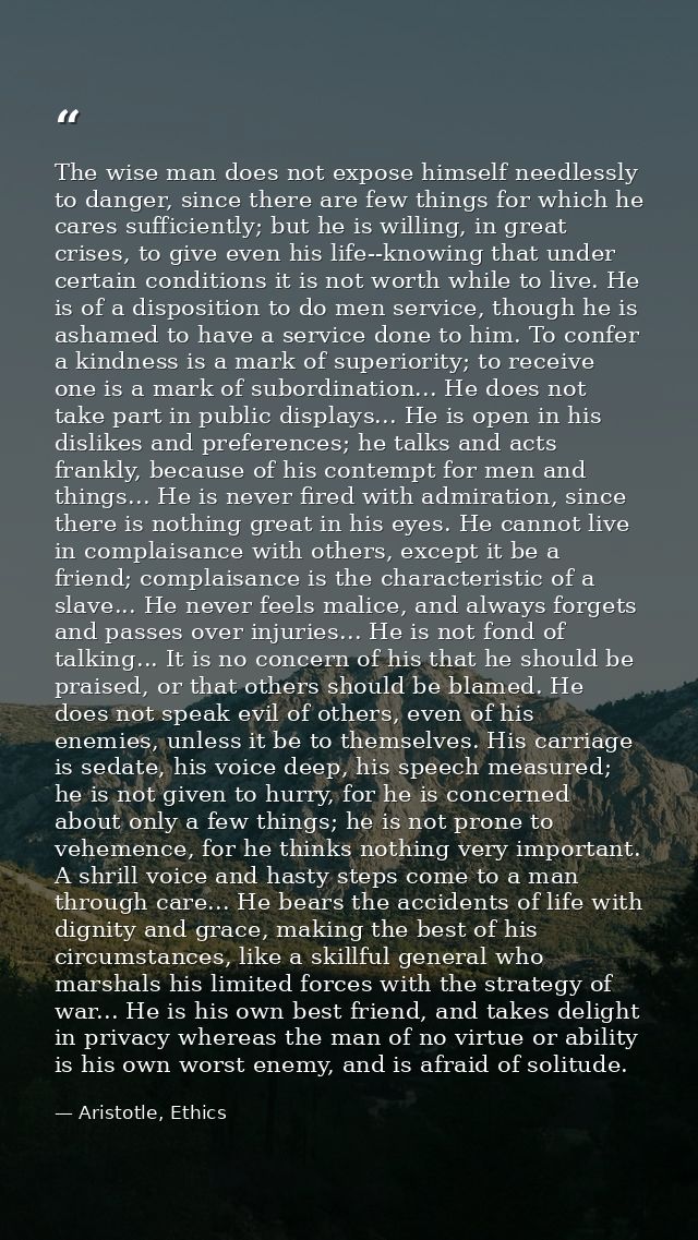 The wise man does not expose himself needlessly to danger, since there are few things for which he cares sufficiently; b — Aristotle, Ethics