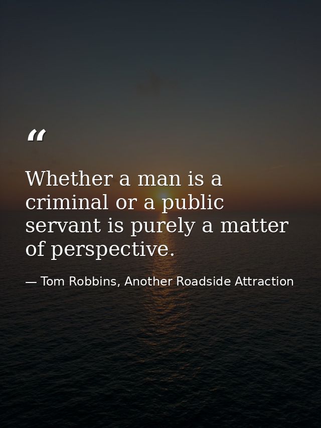 Whether a man is a criminal or a public servant is purely a matter of perspective. — Tom Robbins, Another Roadside Attraction