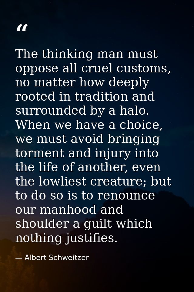 The thinking man must oppose all cruel customs, no matter how deeply rooted in tradition and surrounded by a halo. When  — Albert Schweitzer