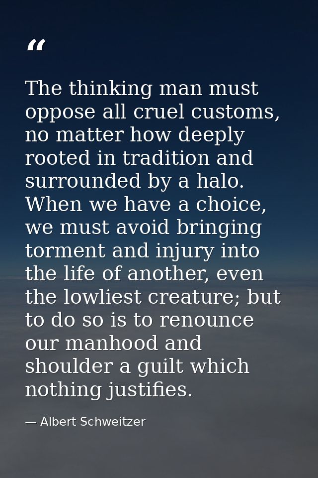 The thinking man must oppose all cruel customs, no matter how deeply rooted in tradition and surrounded by a halo. When  — Albert Schweitzer