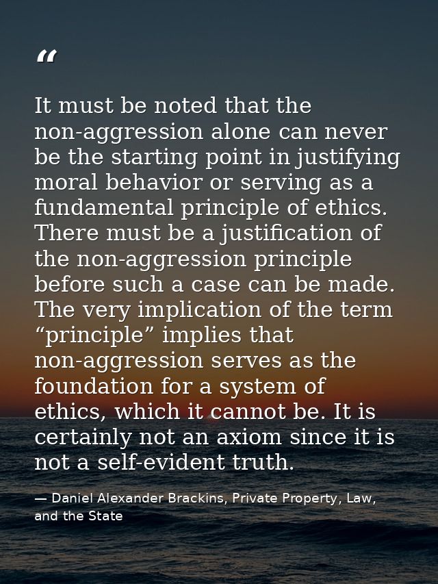 It must be noted that the non-aggression alone can never be the starting point in justifying moral behavior or serving a — Daniel Alexander Brackins, Private Property, Law, and the State