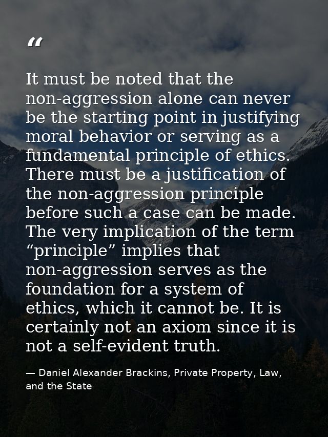 It must be noted that the non-aggression alone can never be the starting point in justifying moral behavior or serving a — Daniel Alexander Brackins, Private Property, Law, and the State