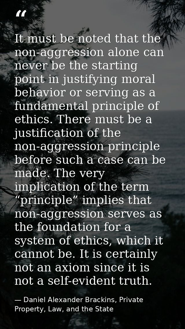 It must be noted that the non-aggression alone can never be the starting point in justifying moral behavior or serving a — Daniel Alexander Brackins, Private Property, Law, and the State