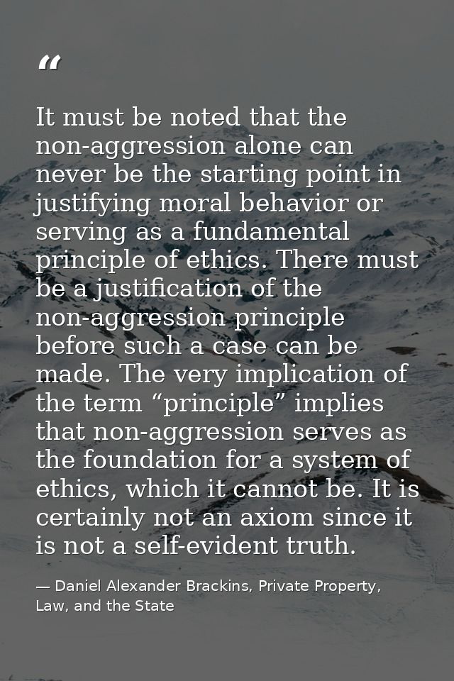 It must be noted that the non-aggression alone can never be the starting point in justifying moral behavior or serving a — Daniel Alexander Brackins, Private Property, Law, and the State