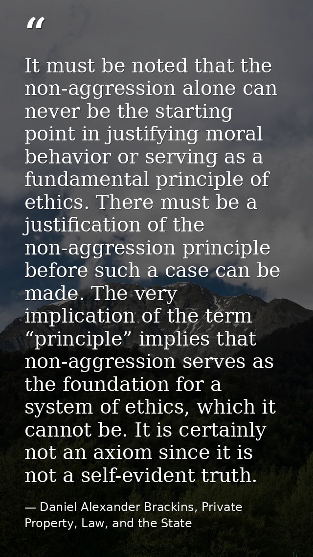 It must be noted that the non-aggression alone can never be the starting point in justifying moral behavior or serving a — Daniel Alexander Brackins, Private Property, Law, and the State