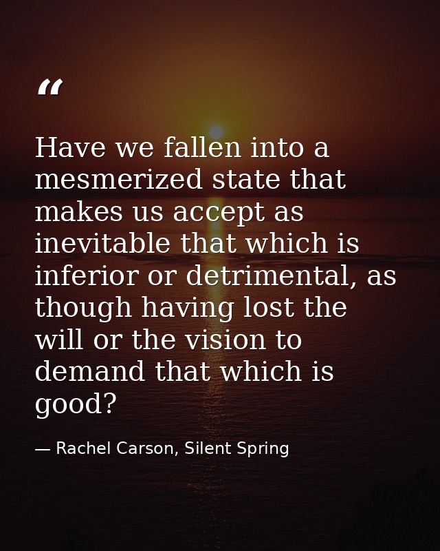 Have we fallen into a mesmerized state that makes us accept as inevitable that which is inferior or detrimental, as thou — Rachel Carson, Silent Spring