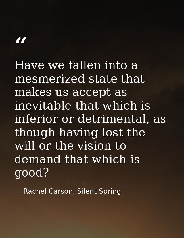 Have we fallen into a mesmerized state that makes us accept as inevitable that which is inferior or detrimental, as thou — Rachel Carson, Silent Spring