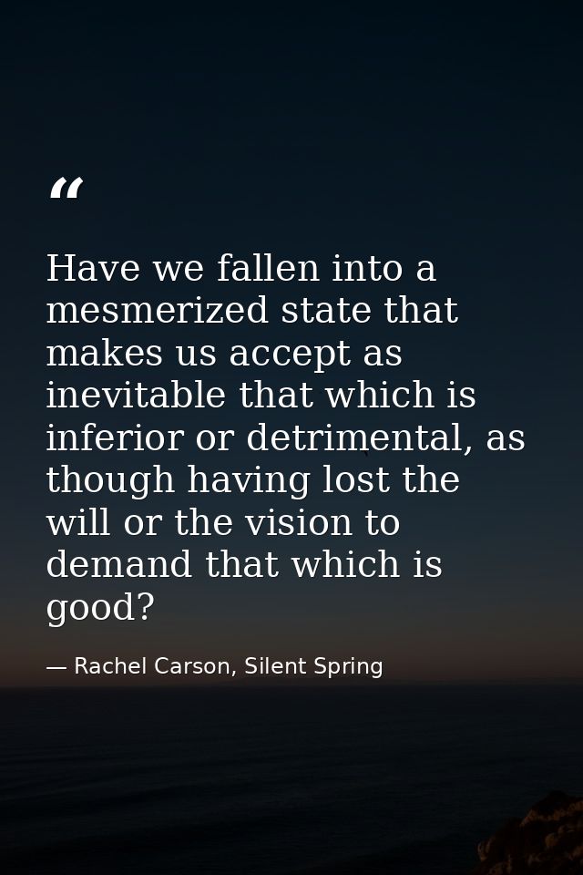 Have we fallen into a mesmerized state that makes us accept as inevitable that which is inferior or detrimental, as thou — Rachel Carson, Silent Spring